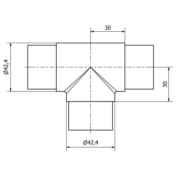 Raccordo a Tee in acciaio inox AISI 316 satinato. Raccordo con innesti maschio adatti al collegamento con il tubo da 42,4X2,0.