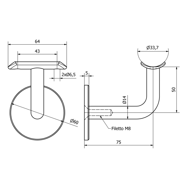 Borchie fisse per vetri Tipo di materiale acciaio aisi 304 satinato Attacco  Per tubo 33,7mm Diametro 30mm (ADATTA PER VETRI DA 6,00 A 20,00mm)