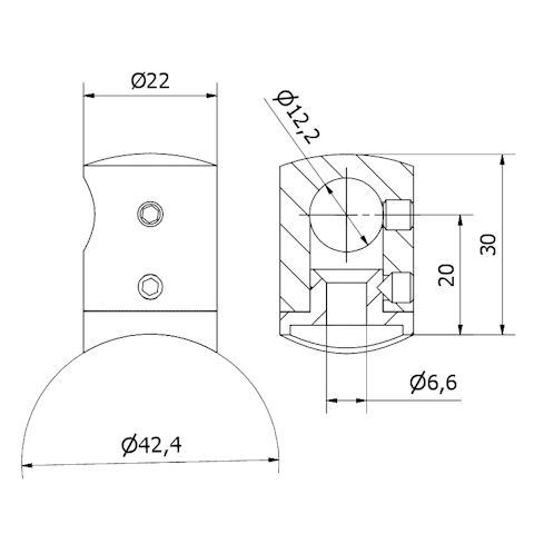 supporto traverse Ø 12 cieco dx tubo Ø 42,4 AISI 316 satinato