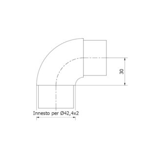 Curva in acciaio inox AISI 316 satinato. Raccordo con innesti maschio adatti al collegamento con il tubo da 42,4X2,0.