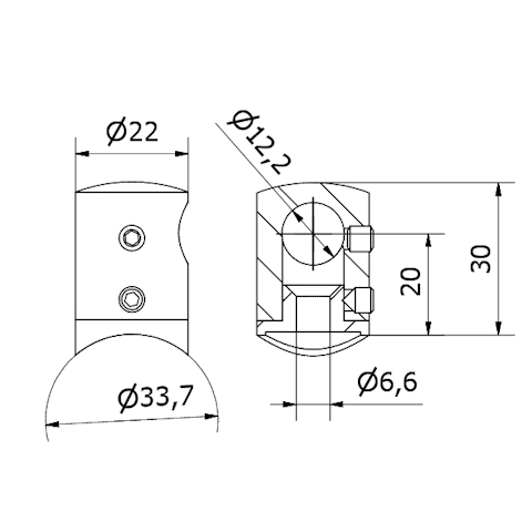 supporto traversa Ø 12 cieco SX tubo Ø 33,7 AISI 304 satinato