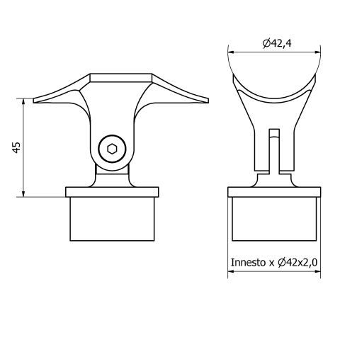 Supporto snodato tipo2 per montante 42,4x2,0 e corrimano 42,4