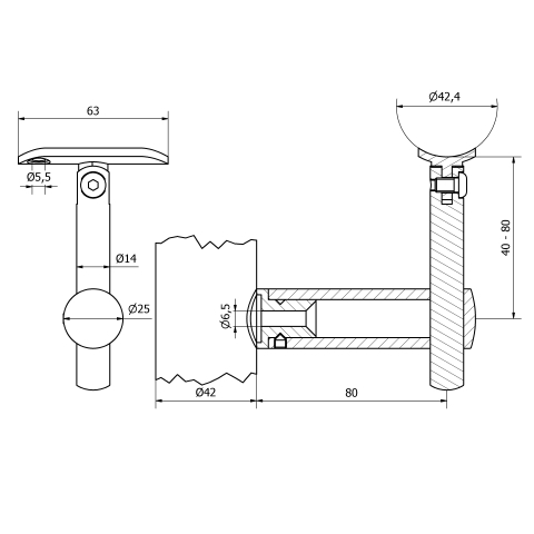 Supporto snodato disassato per montante 42,4x2,0 e corrimano 42,4