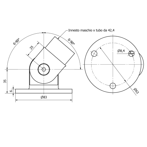 Snodo con piastra inox aisi 316 per tubo da 42,4X2