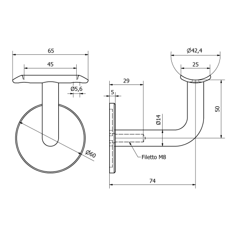 Supporto corrimano tipo 2 inox per tubo da 42,4