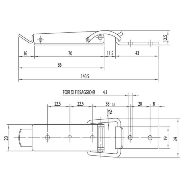 Chiusura a leva in acciaio inox AISI 304 di lunghezza complessiva 140,5 mm.