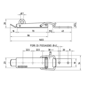 Chiusura a leva regolabile in acciaio inox AISI 304 di lunghezza complessiva 140,5 mm.