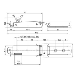 Chiusura a leva per lucchetto in acciaio inox AISI 304 di lunghezza complessiva di 193,5 mm.