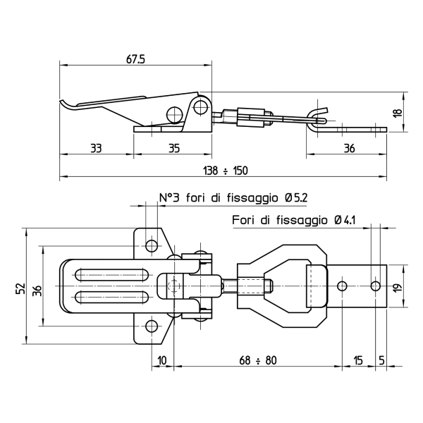 Chiusura a leva regolabile in acciaio inox AISI 304 di lunghezza complessiva regolabile da 138 a 150 mm