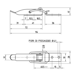 Chiusura a leva in acciaio inox AISI 304 di lunghezza complessiva di 114 mm. Completa di gancio di riscontro.