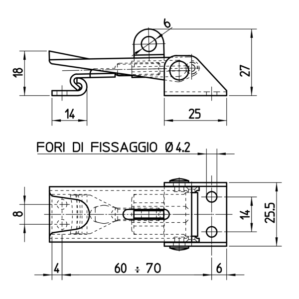 Chiusura a leva regolabile per lucchetto in acciaio inox AISI 304 di lunghezza complessiva regolabile da 65 a 75 mm. Completa di gancio di riscontro.