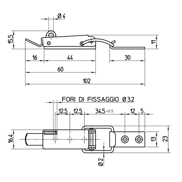 Chiusura a leva per lucchetto acciaio inox AISI 304 di lunghezza complessiva di 102 mm. Completa di gancio di riscontro.