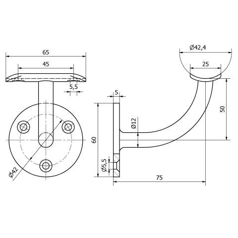 Schema staffa tipo 1 per corrimano in acciaio inox AISI 316 lucido