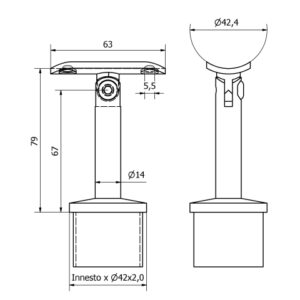 Schema supporto snodato per corrimano in acciaio inox AISI 316 lucido