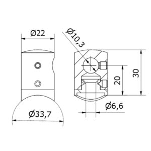 supporto traversa Ø 10 cieco SX tubo Ø 33,7 AISI 304 satinato