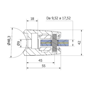morsetto 55×70 per tubo da Ø 48,3 vetro 9,52-17,52 AISI 316 satinato