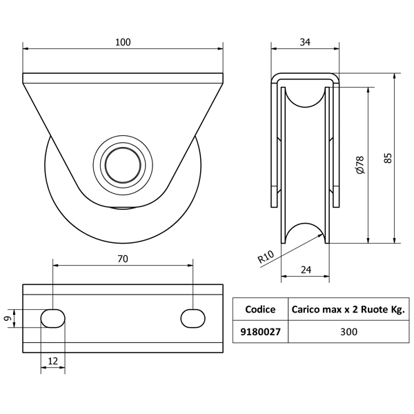 Ruota inox con gola a U AISI 304 per cancelli scorrevoli con supporto per il fissaggio esterno al telaio.