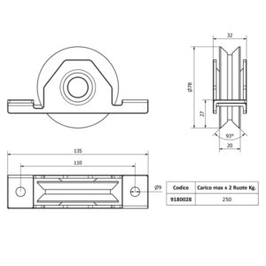 Ruota inox con gola a V AISI 304 per cancelli scorrevoli con supporto per il fissaggio interno al telaio.