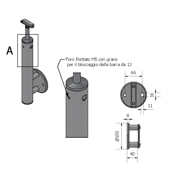 Schema montante basso con attacco laterale in acciaio inox.