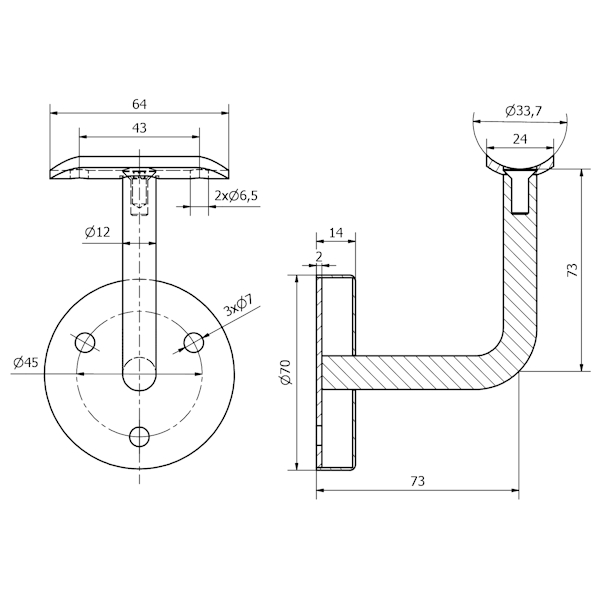 Staffa per corrimano in acciaio inox AISI 304 satinato. Completa di rosetta di copertura. Ideale per un diametro corrimano da 33,7 mm.